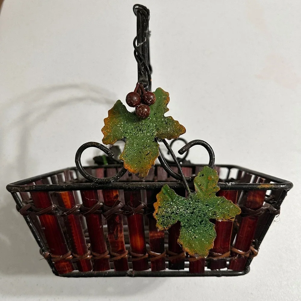 Grape Vine Metal & Bamboo Wood Slat Decorative Basket with Handle Rustic Vintage